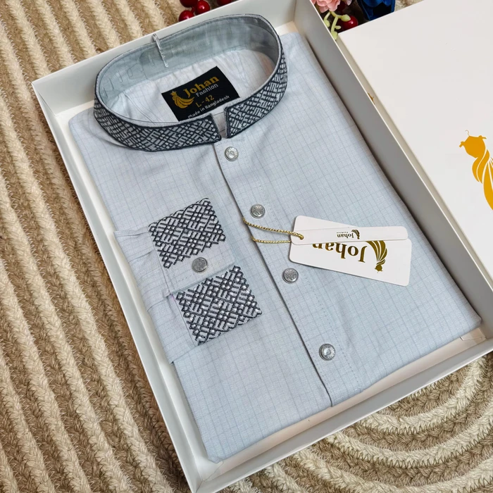 Light Ash Color Embroidered Premium Cotton Punjabi