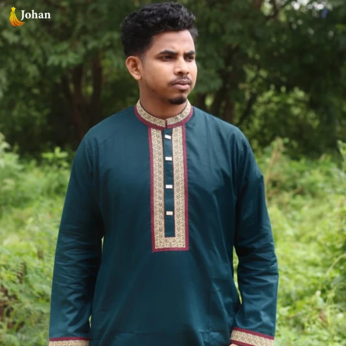 See Green Color Embroidered Premium Cotton Punjabi