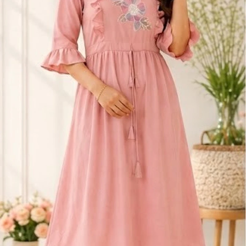 Pink Floral Embroidered Ruffle Dress