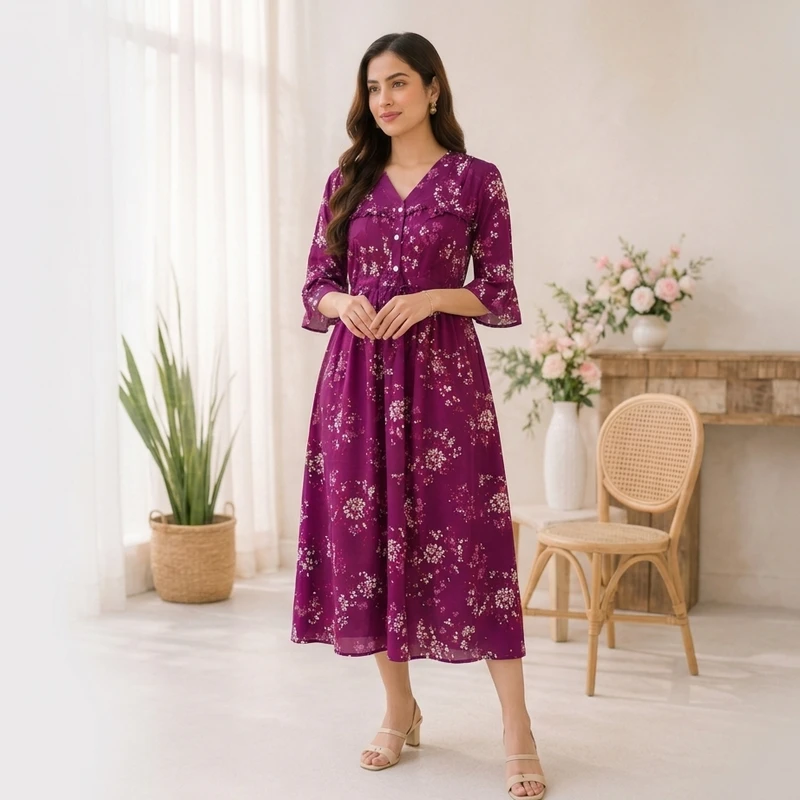 Purple Floral Printed Dress